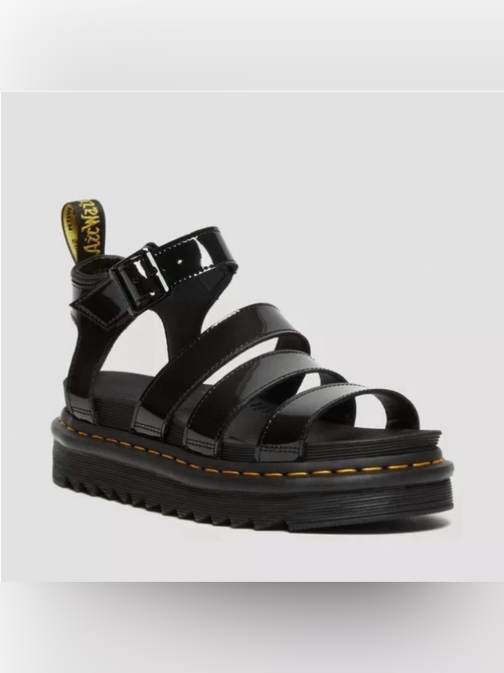 Dr. Martens Black Patent Strappy Platform Sandal with Yellow Stitching